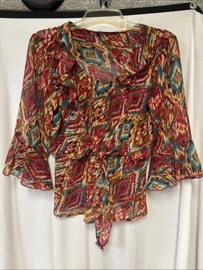 Tie-Front Ruffle Blouse in Multicolor Ikat